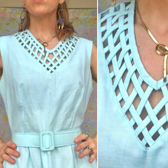 SOLD Vintage✨80s Mint Belted Lattice Midi Dress - Picture 3 of 8